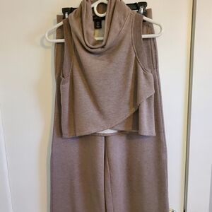 House of Harlow 1960 Taupe Cowl Neck Short Top With Wide Leg Sweatpants